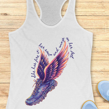 White tank top with Digital graphic print  featuring a winged running shoe design with elaborate purple and blue swirling patterns, vibrant purple pink orange and yellow wings, and text reading she has fire in her soul and wings on her feet surrounding itsurface