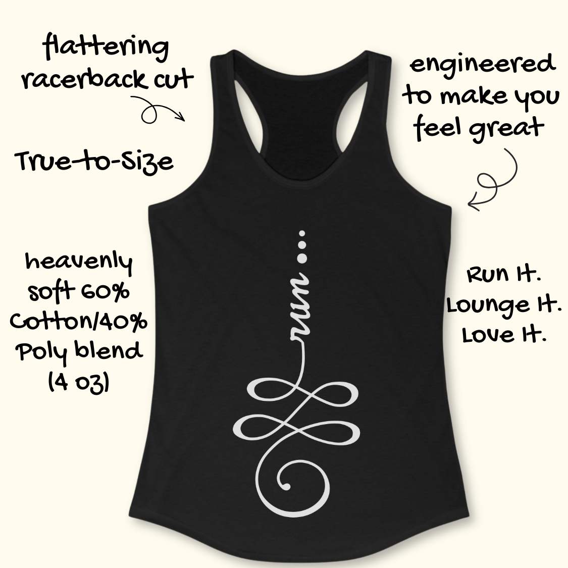 Black tank top with graphic design and text on a white background