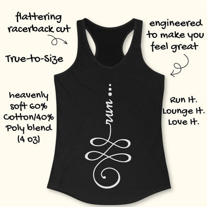 Black tank top with graphic design and text on a white background