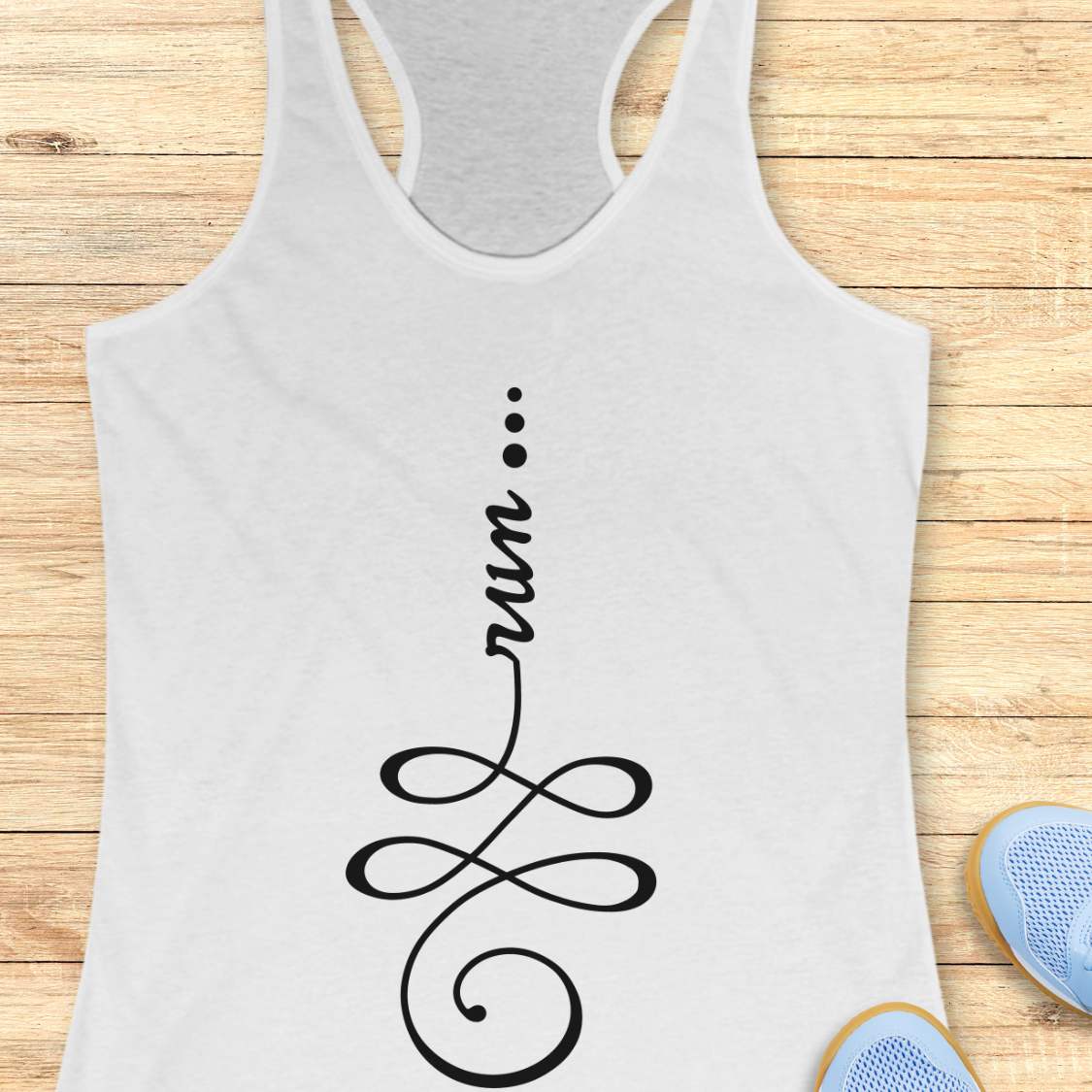 A white racerback tank top with a black graphic print reading 'run.