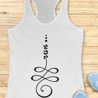 A white racerback tank top with a black graphic print reading 'run.