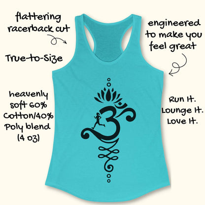 A turquoise racerback tank top with a black Om symbol and lotus graphic on the front, shown on a light beige background with decorative text callouts around it.