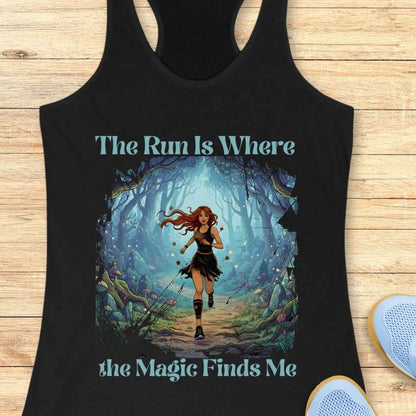 Digital illustration on tank top depicting a vibrant red-haired woman running through an enchanted glowing blue and purple forest with luminous mushrooms and floating light particles featuring the motivational phrase The Run Is Where the Magic Finds Me