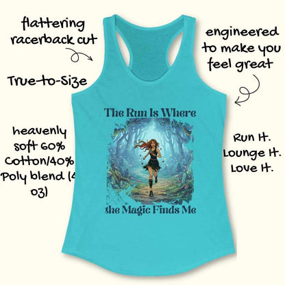 Product photo of a light blue racerback tank top featuring a graphic of a fiery-haired woman in a black dress running through a mystical forest with glowing blue plants and gnarled trees, with text The Run Is Where the Magic Finds Me