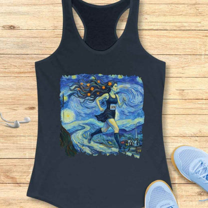 Graphic print on a dark gray tank top in the style of Vincent van Gogh featuring a woman runner with long dark hair adorned with orange starbursts, wearing a black athletic outfit with bib 1890, running through a swirling starry night landscape with a prominent cypress tree and church steeple under a vibrant blue and yellow sky