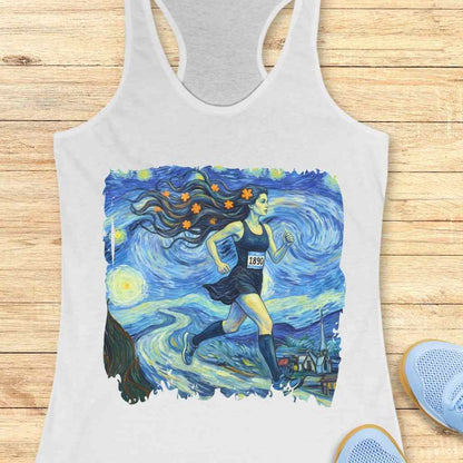 Digital artwork in the style of Vincent van Gogh depicting a dynamic female runner in a black dress with race bib 1890, her long hair flowing with orange star-like blossoms, against the iconic swirling blue and yellow Starry Night landscape featuring a prominent cypress tree and distant church steeple