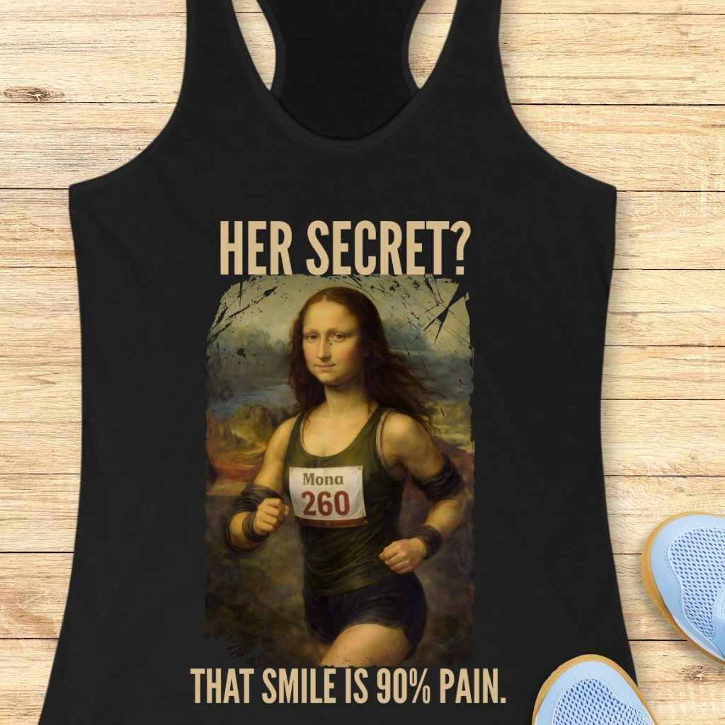 Digital artwork reimagining Leonardo da Vinci's Mona Lisa as a female runner in a green tank top bearing 'Mona 260' and athletic armbands, set against her original iconic landscape backdrop with overlaid text 'HER SECRET? THAT SMILE IS 90% PAIN'