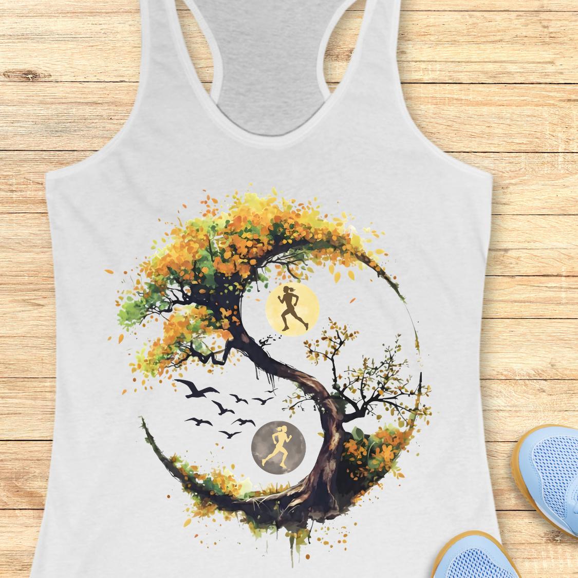 A white racerback tank top laid flat on a light wood surface, featuring a large graphic of a stylized tree with autumn leaves in yellow, orange, and brown, integrated with a running yin-yang symbol showing two running figures and birds.