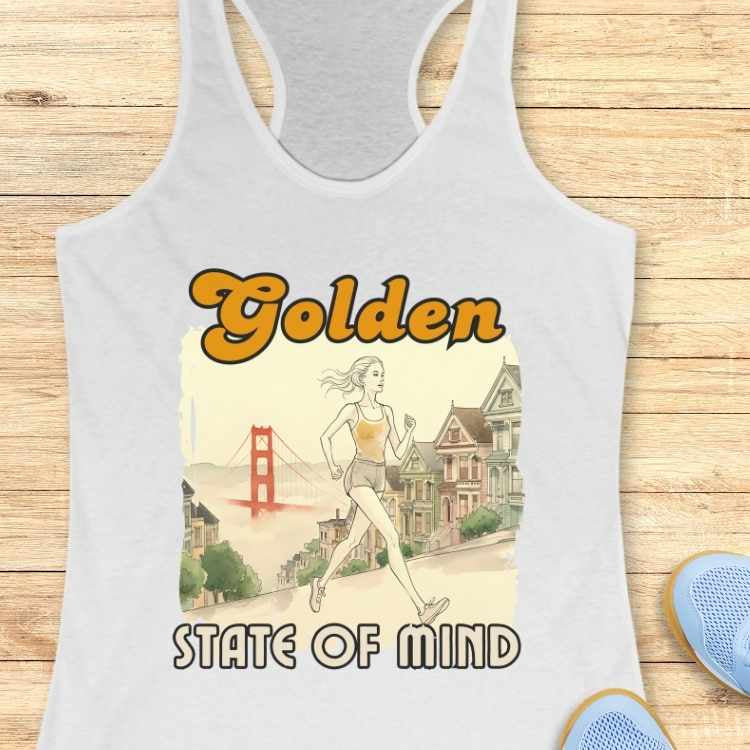 Graphic design on a white tank top illustrates a woman in a yellow top jogging uphill in San Francisco, past colorful Victorian Painted Ladies houses towards the red Golden Gate Bridge, with the stylized text "Golden STATE OF MIND" in gold and black
