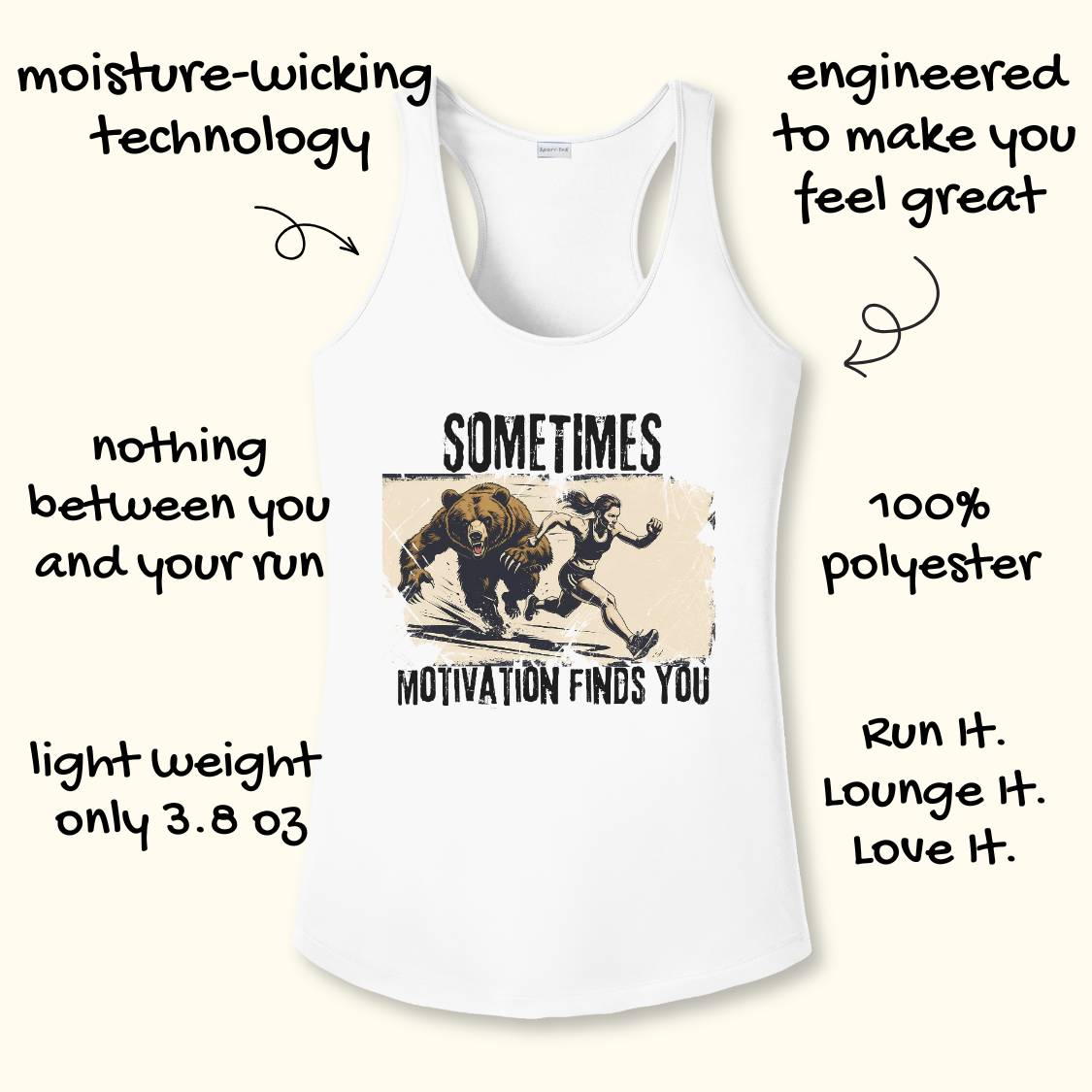 White performance racerback tank top with a graphic of a running person and bear, surrounded by hand-drawn text callouts on a light cream background.