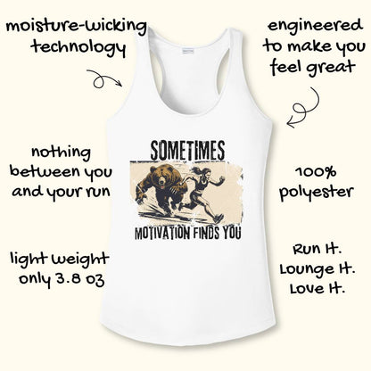 White performance racerback tank top with a graphic of a running person and bear, surrounded by hand-drawn text callouts on a light cream background.