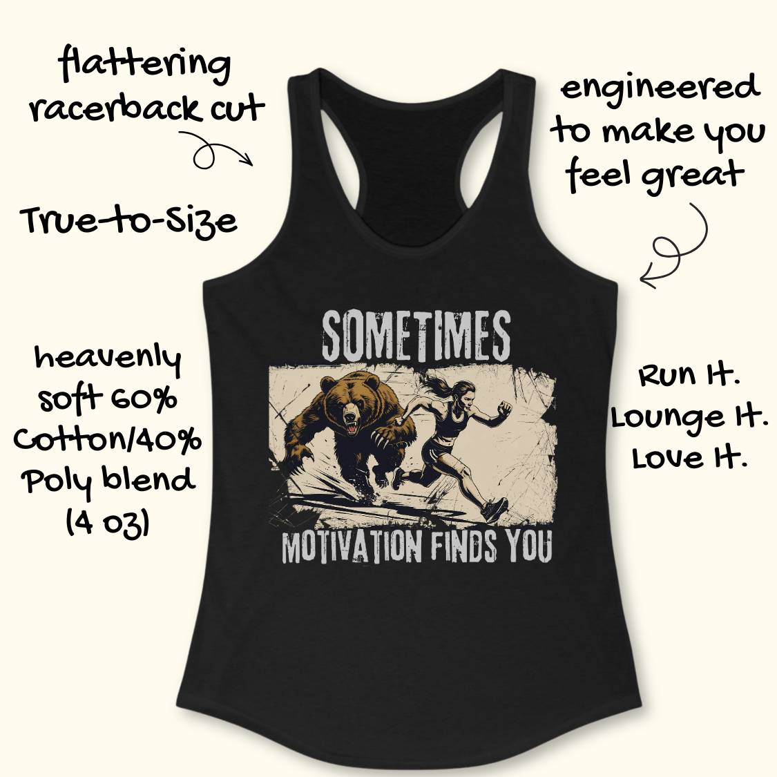 A black racerback tank top with a distressed graphic of a bear and a woman, accompanied by the text 'SOMETIMES MOTIVATION FINDS YOU'. The image is set against a light beige background with various product feature callouts written in a handwritten font.
