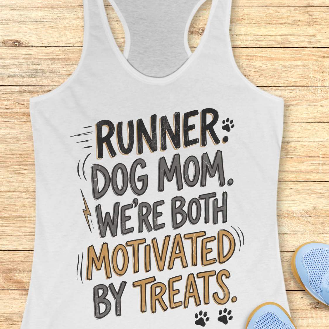 A white racerback tank top laid flat on a light wood background, featuring the printed phrase 'RUNNER DOG MOM WE BOTH MOTIVATED BY TREATS' in black and mustard yellow lettering with small paw print and lightning bolt accents. Partial blue shoes are visible at the bottom right as styling props.