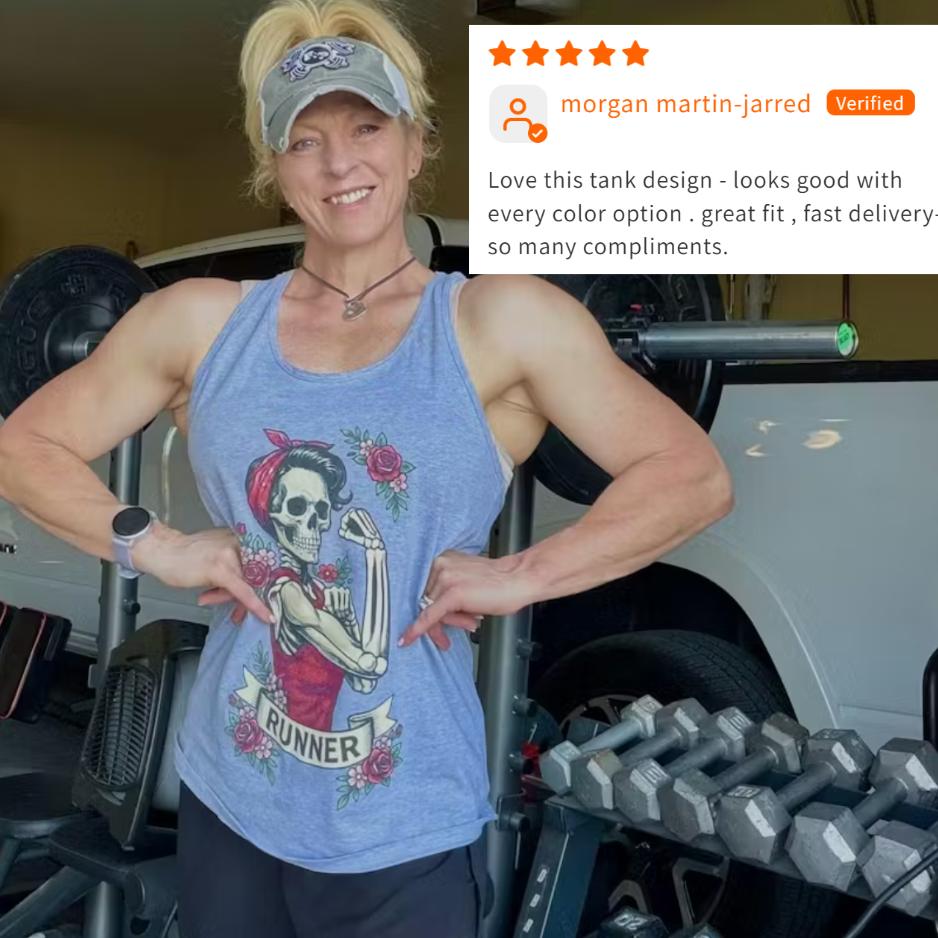 Person wearing this heather grey tank top with a graphic design, standing in a gym setting. with 5 stars review for this tank top - "Love this tank design - looks good with every color option . great fit , fast delivery- so many compliments."