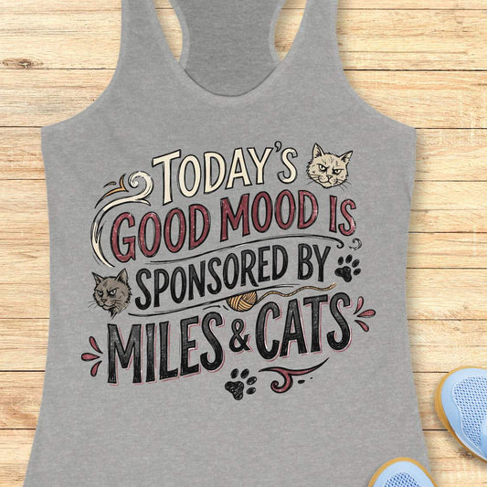 A heather gray racerback tank top laid flat on a light wood background, featuring a humorous graphic that reads 'TODAY'S GOOD MOOD IS SPONSORED BY MILES & CATS' with illustrations of two cats, paw prints, and a small ball of yarn.
