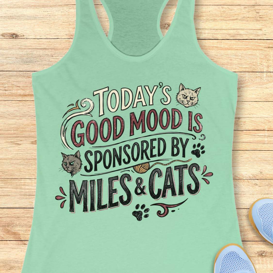 A mint green racerback tank top laid flat on a light wood background, featuring a humorous graphic that reads 'TODAY'S GOOD MOOD IS SPONSORED BY MILES & CATS' with illustrations of two cats and paw prints.