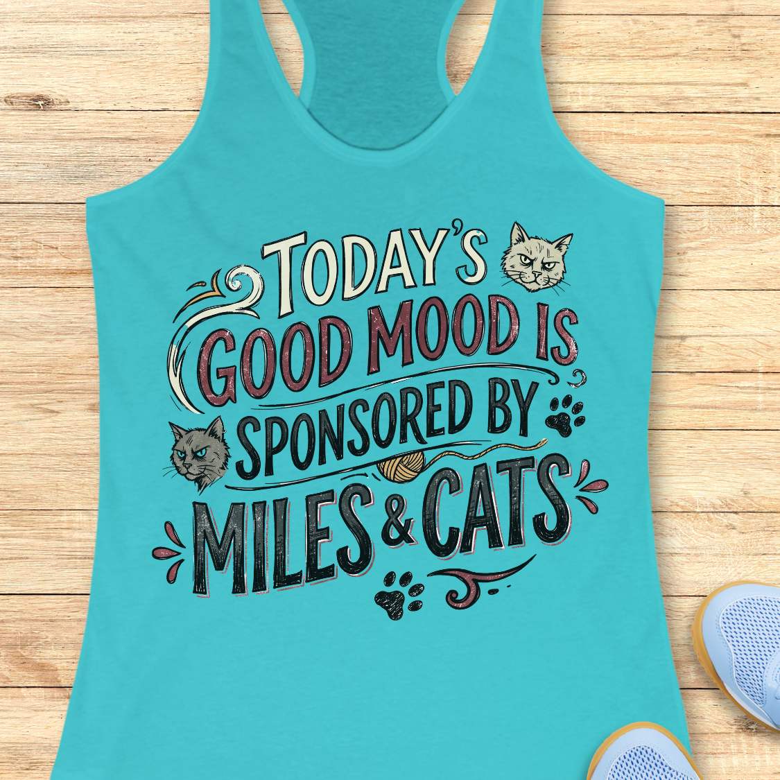 A turquoise racerback tank top laid flat on a light wood surface, featuring a humorous graphic that reads 'TODAY'S GOOD MOOD IS SPONSORED BY MILES & CATS' with cartoon cat faces and paw prints. Part of a blue shoe is visible at the bottom right.