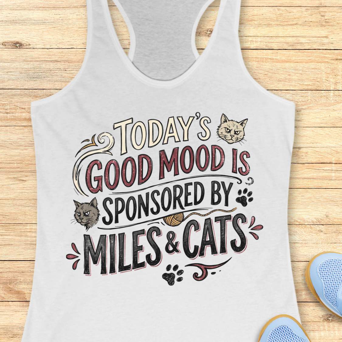 A white racerback tank top laid flat on a light wood background, featuring a graphic that reads 'TODAY'S GOOD MOOD IS SPONSORED BY MILES & CATS' with cat illustrations and paw prints. Partial blue shoes are visible at the bottom right edge.
