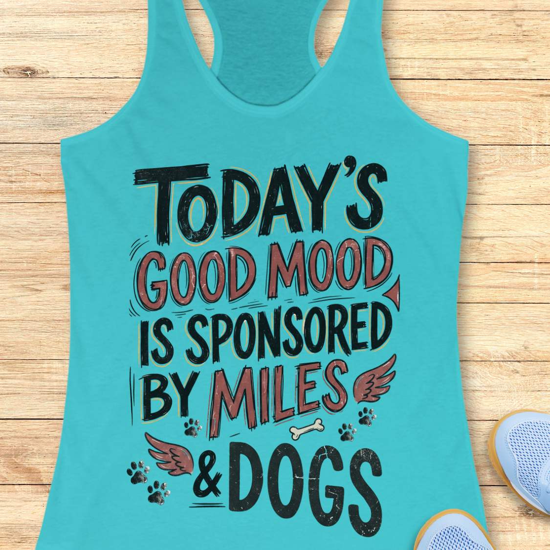 A turquoise racerback tank top laid flat on a light wood surface, featuring the printed phrase “TODAY'S GOOD MOOD IS SPONSORED BY MILES & DOGS” in black and muted red lettering with small dog-themed graphics. Part of a light blue shoe is visible at the lower right edge.