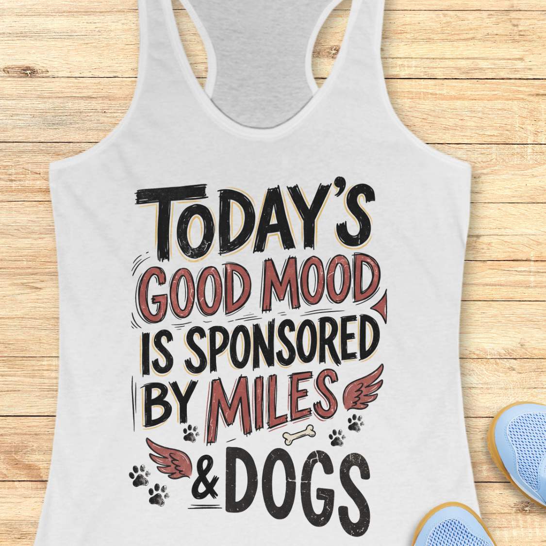 A white racerback tank top laid flat on a light wood background, featuring the text 'TODAY'S GOOD MOOD IS SPONSORED BY MILES & DOGS' in black and muted red lettering with small dog-themed illustrations.
