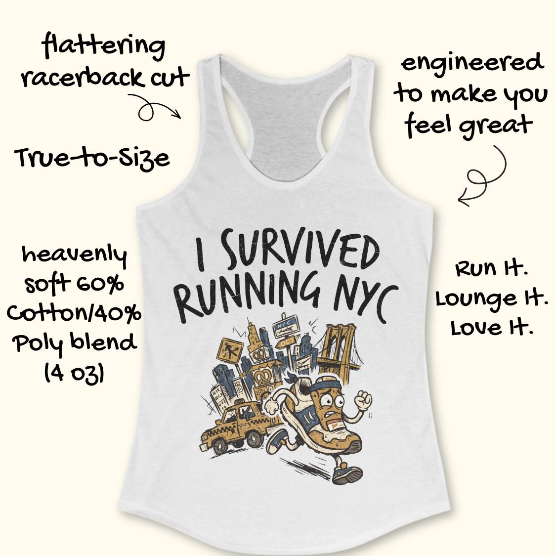 A white racerback tank top with a graphic of a sneaker running through city buildings and taxis, with handwritten promotional text around it on a light cream background.