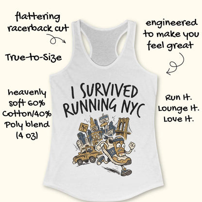 A white racerback tank top with a graphic of a sneaker running through city buildings and taxis, with handwritten promotional text around it on a light cream background.