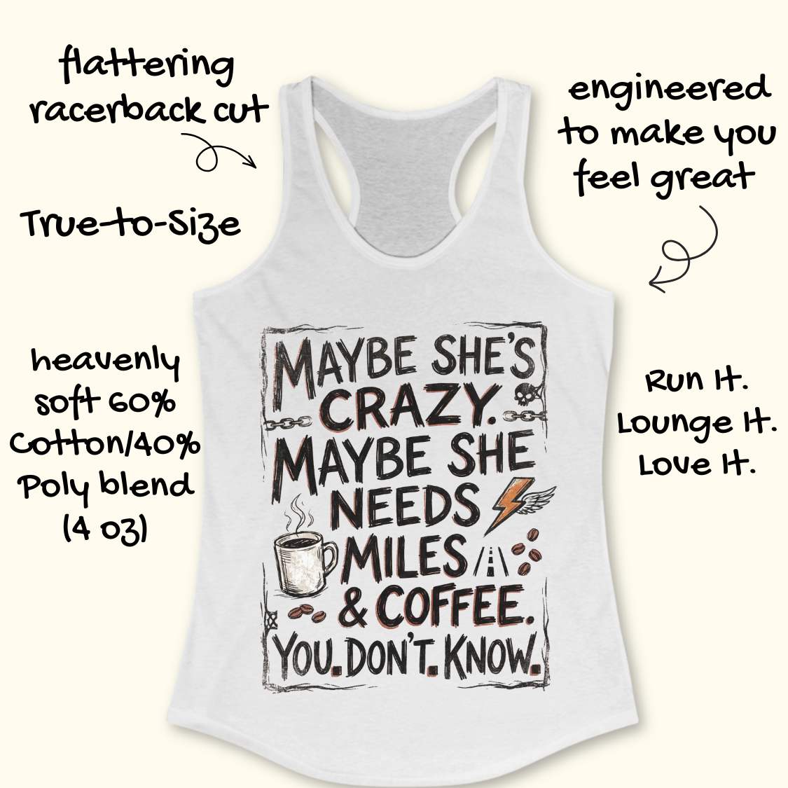 A white racerback tank top with a humorous coffee-themed graphic print, displayed on a light beige background with decorative text callouts around it.