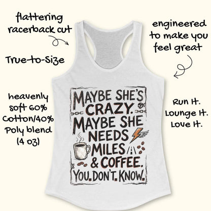A white racerback tank top with a humorous coffee-themed graphic print, displayed on a light beige background with decorative text callouts around it.