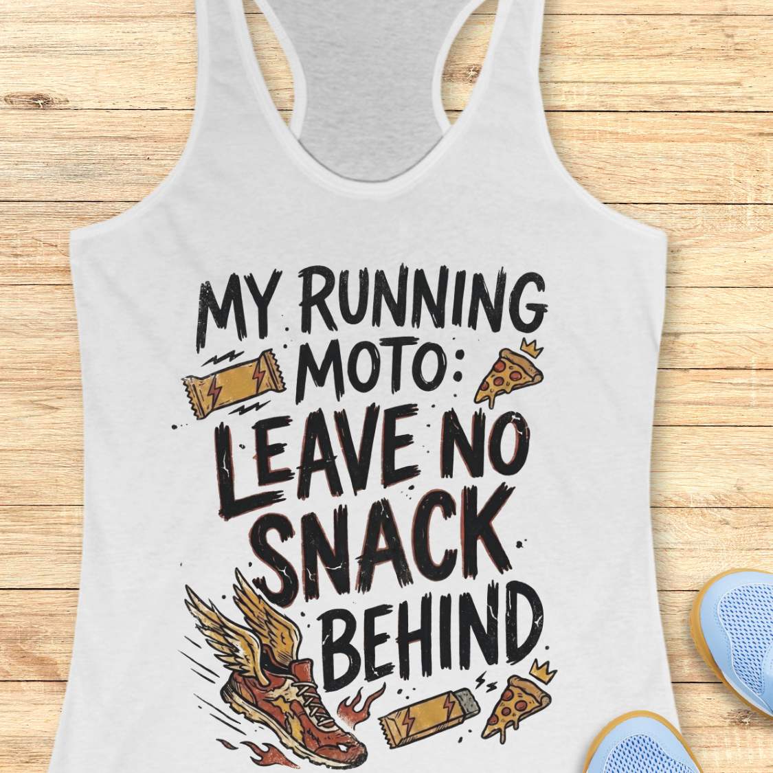 A white racerback tank top laid flat on a light wood background, featuring a humorous graphic that reads 'MY RUNNING MOTO: LEAVE NO SNACK BEHIND' with illustrations of a running shoe, pizza slices, and candy bars.