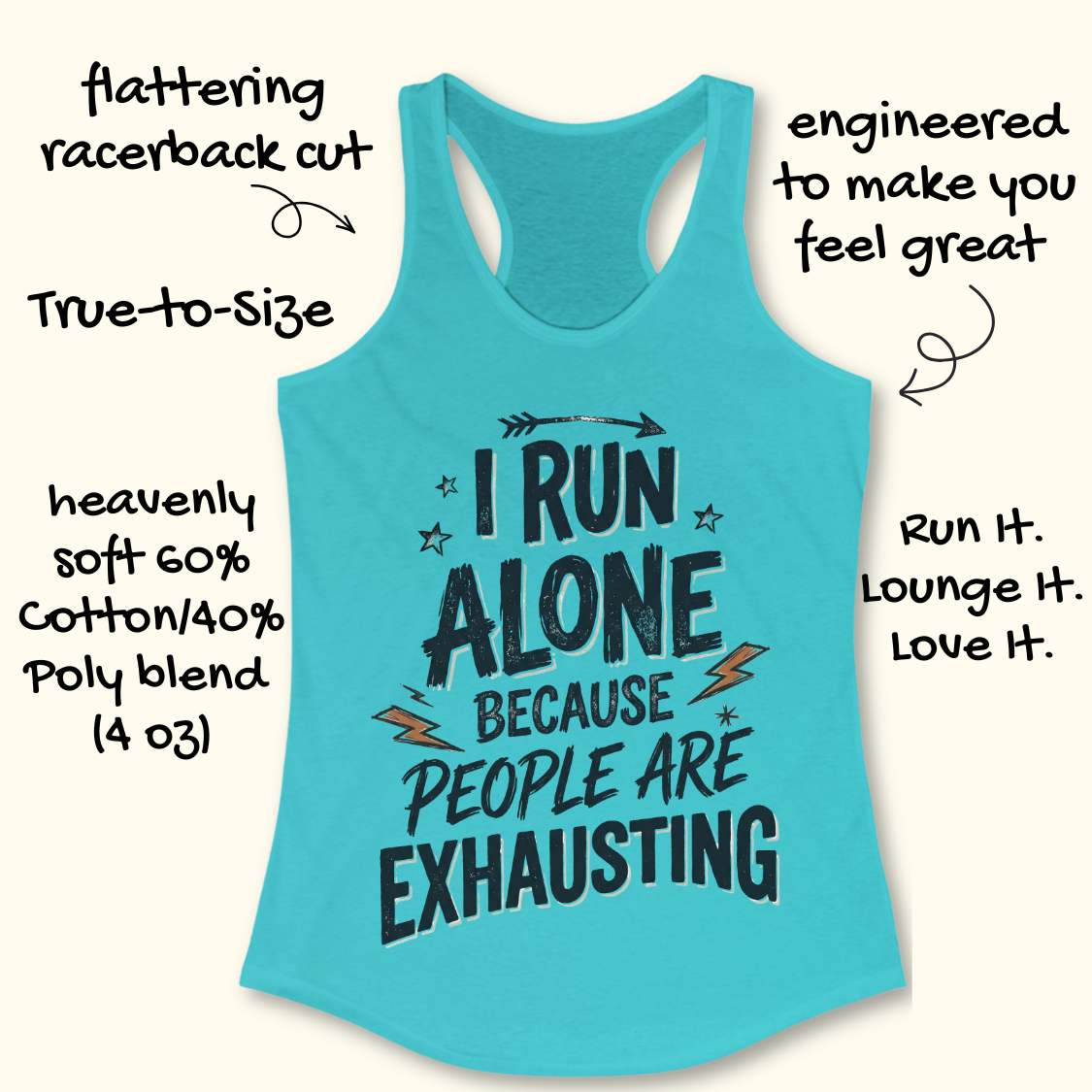 A turquoise racerback tank top with a graphic that reads 'I RUN ALONE BECAUSE PEOPLE ARE EXHAUSTING' on a light cream background, surrounded by handwritten marketing callouts about fit, fabric, and slogan appeal.