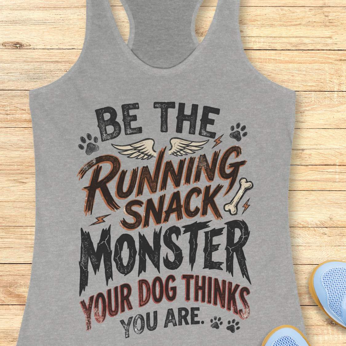 A heather gray racerback tank top laid flat on a light wood background, featuring a distressed graphic that reads 'BE THE RUNNING SNACK MONSTER YOUR DOG THINKS YOU ARE.' with dog-themed illustrations including paw prints, wings, and a bone.