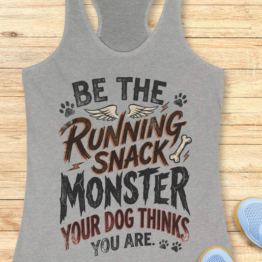 A heather gray racerback tank top laid flat on a light wood background, featuring a distressed graphic that reads 'BE THE RUNNING SNACK MONSTER YOUR DOG THINKS YOU ARE.' with dog-themed illustrations including paw prints, wings, and a bone.