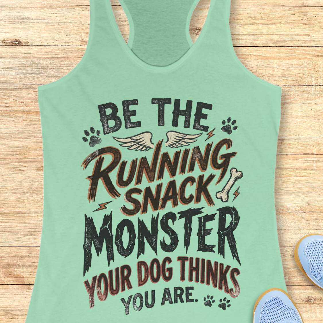 A mint green racerback tank top laid flat on a light wood background, featuring a humorous graphic print that reads 'BE THE RUNNING SNACK MONSTER YOUR DOG THINKS YOU ARE.' with dog-themed illustrations including paw prints, wings, a bone, and lightning bolts.