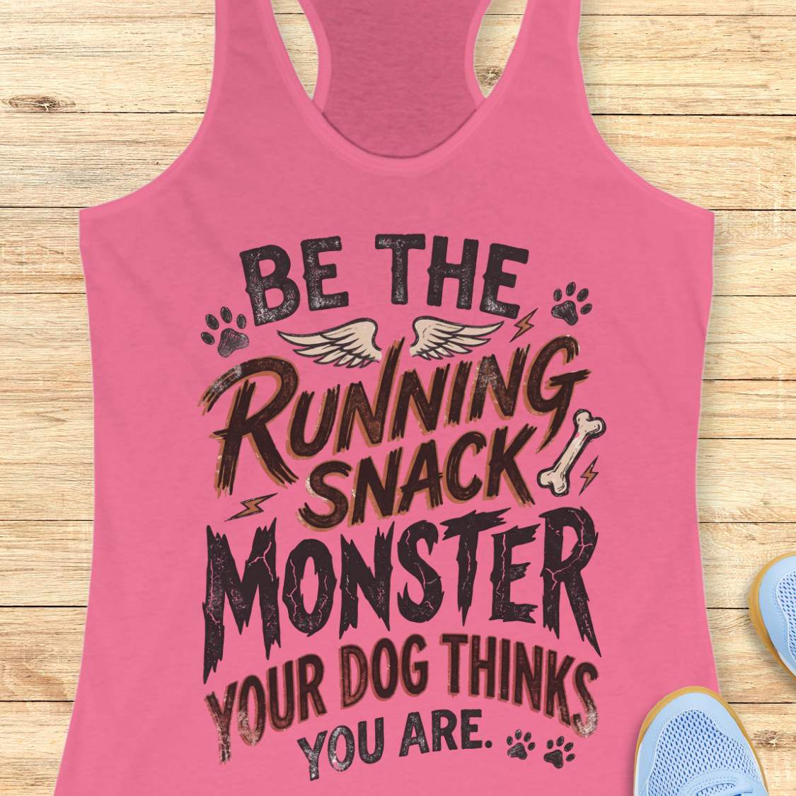 A pink racerback tank top with a humorous graphic that reads 'BE THE RUNNING SNACK MONSTER YOUR DOG THINKS YOU ARE.' in distressed black lettering, styled flat on a light wood background with a shoe partially visible in the corner.
