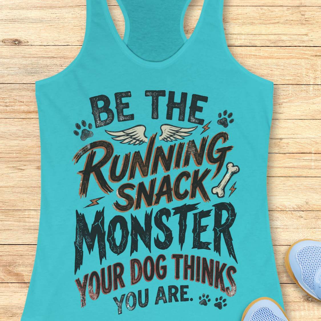 A turquoise racerback tank top laid flat on a light wood background, featuring a humorous graphic that reads 'BE THE RUNNING SNACK MONSTER YOUR DOG THINKS YOU ARE.' with dog-themed paw prints, wings, and a bone.