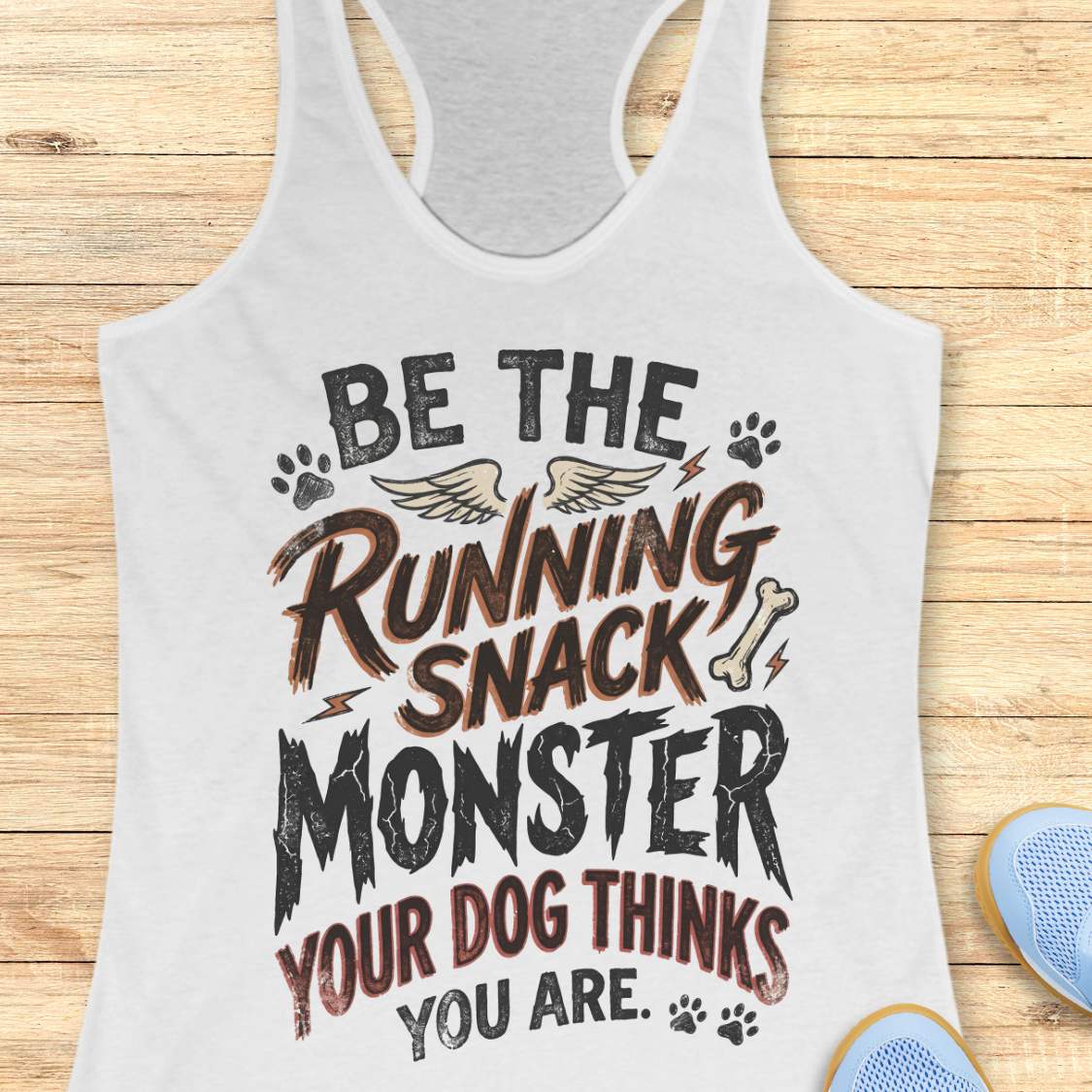A white racerback tank top laid flat on a light wood background, featuring a humorous graphic that reads 'BE THE RUNNING SNACK MONSTER YOUR DOG THINKS YOU ARE.' with dog-themed illustrations.