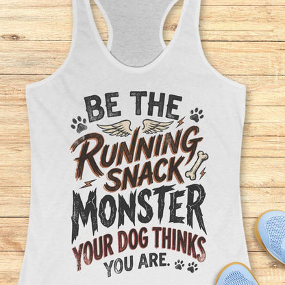 A white racerback tank top laid flat on a light wood background, featuring a humorous graphic that reads 'BE THE RUNNING SNACK MONSTER YOUR DOG THINKS YOU ARE.' with dog-themed illustrations.