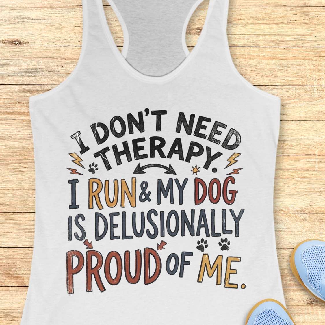 A white racerback tank top laid flat on a light wood plank background, featuring a colorful graphic text that reads 'I DON'T NEED THERAPY. I RUN & MY DOG IS DELUSIONALLY PROUD OF ME.