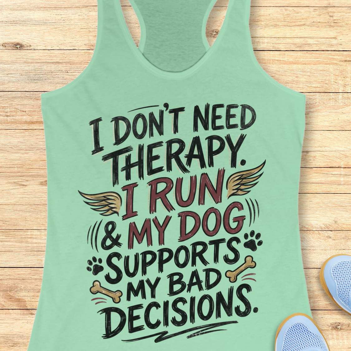 A MINT racerback tank top laid flat on a light wood surface, featuring a colorful graphic text that reads 'I DON'T NEED THERAPY. I RUN & MY DOG SUPPORTS MY BAD DECISIONS.