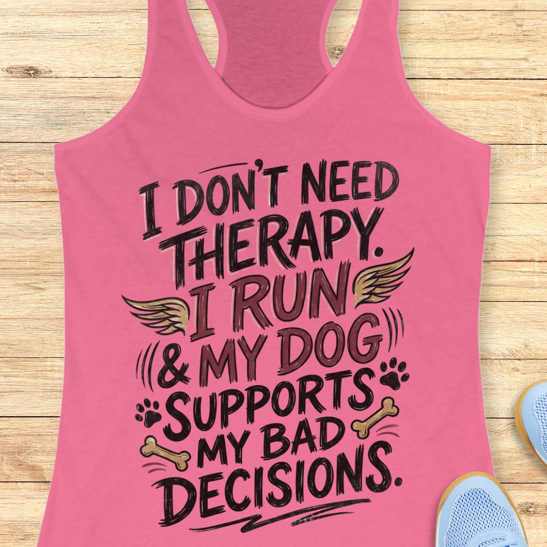 A pink racerback tank top laid flat on a light wood surface, featuring a colorful graphic text that reads 'I DON'T NEED THERAPY. I RUN & MY DOG SUPPORTS MY BAD DECISIONS.