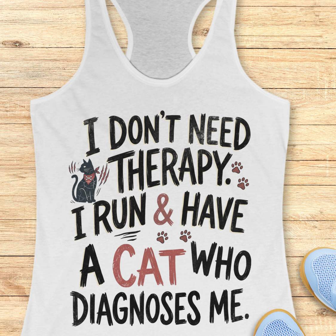 A white racerback tank top laid flat on a light wood background, featuring a humorous graphic print that reads 'I DON'T NEED THERAPY. I RUN & HAVE A CAT WHO DIAGNOSES ME.