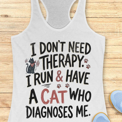 A white racerback tank top laid flat on a light wood background, featuring a humorous graphic print that reads 'I DON'T NEED THERAPY. I RUN & HAVE A CAT WHO DIAGNOSES ME.