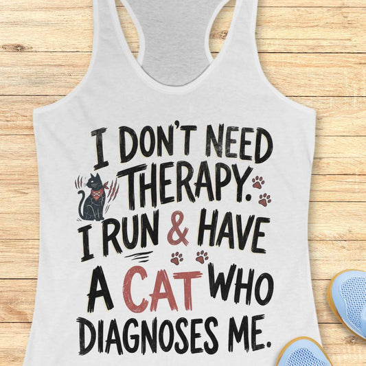 A white racerback tank top laid flat on a light wood background, featuring a humorous graphic print that reads 'I DON'T NEED THERAPY. I RUN & HAVE A CAT WHO DIAGNOSES ME.