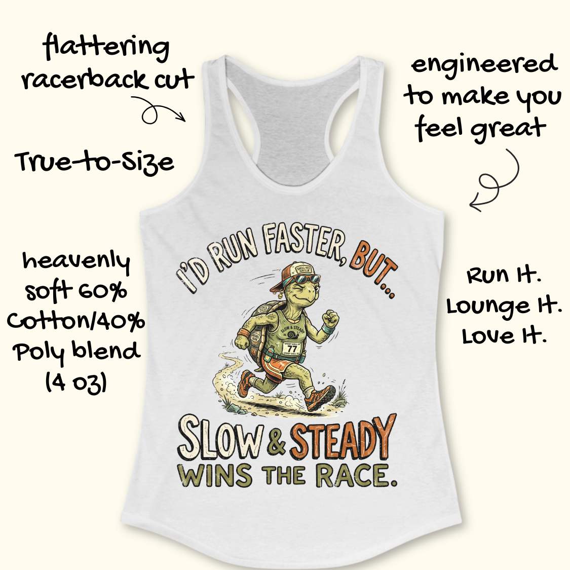 A white racerback tank top with a colorful cartoon runner graphic and the text 'I'D RUN FASTER, BUT.