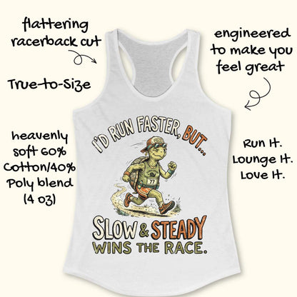 A white racerback tank top with a colorful cartoon runner graphic and the text 'I'D RUN FASTER, BUT.