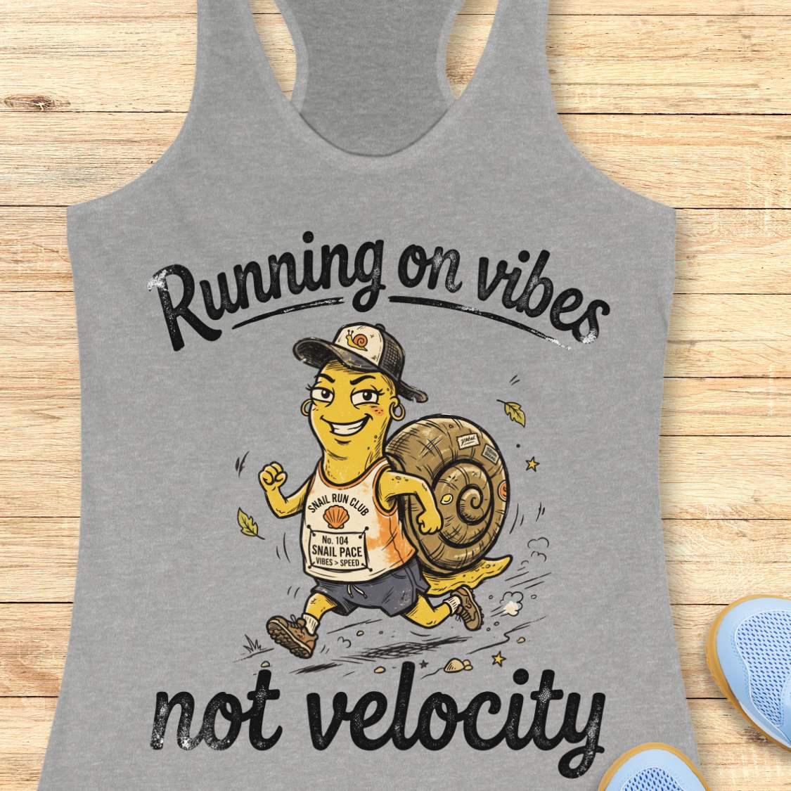 A heather gray racerback tank top laid flat on a light wood background, featuring a cartoon graphic of a woman running a 5K with a snail shell and the text 'Running on vibes not velocity'.