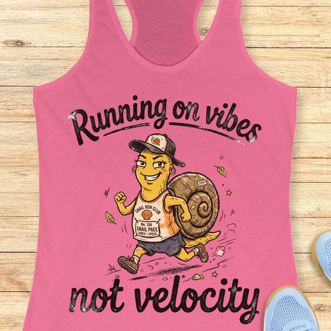 A pink racerback tank top laid flat on a light wood background, featuring a cartoon graphic of a smiling runner with a large snail shell and the text 'Running on vibes not velocity' in black script.