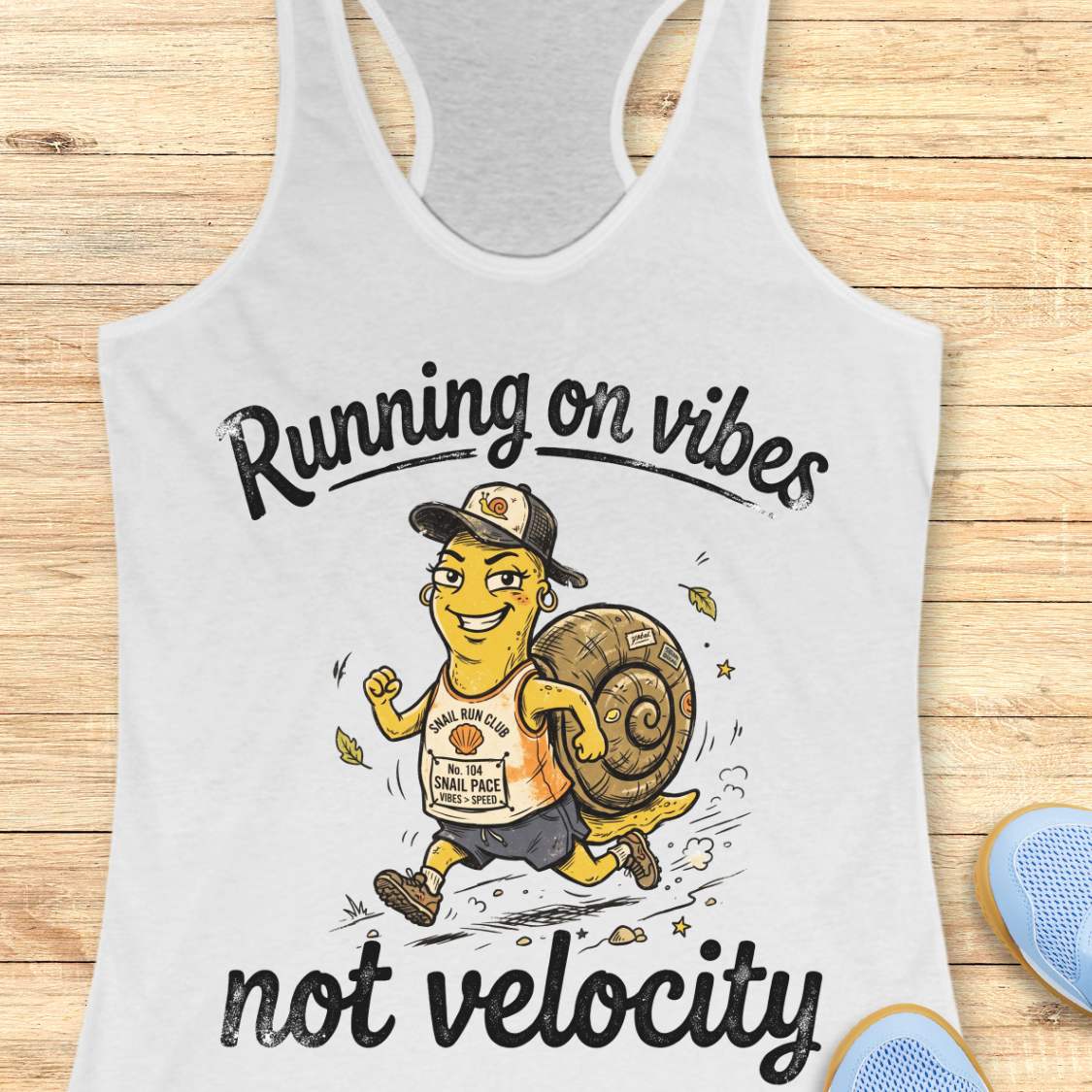 A white racerback tank top laid flat on a light wood background, featuring a cartoon graphic of a woman running while carrying a large snail shell. The text reads 'Running on vibes not velocity' in black script.