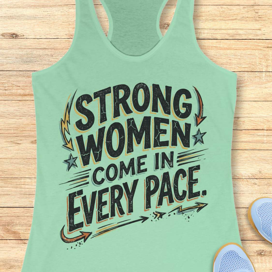 A mint green racerback tank top with a distressed black graphic that reads 'STRONG WOMEN COME IN EVERY PACE.' in stylized lettering, shown laid flat on a light wood plank background with partial sneakers visible at the edges.
