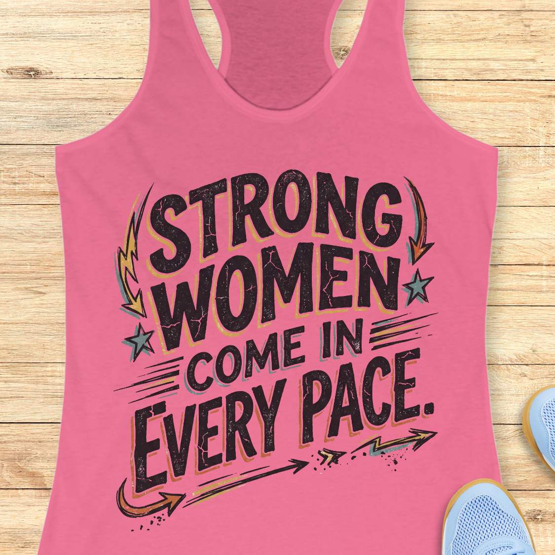 A pink racerback tank top laid flat on a light wood surface, featuring the distressed black text 'STRONG WOMEN COME IN EVERY PACE' with small decorative arrows and stars. Partial blue sneakers are visible at the edges as styling props.